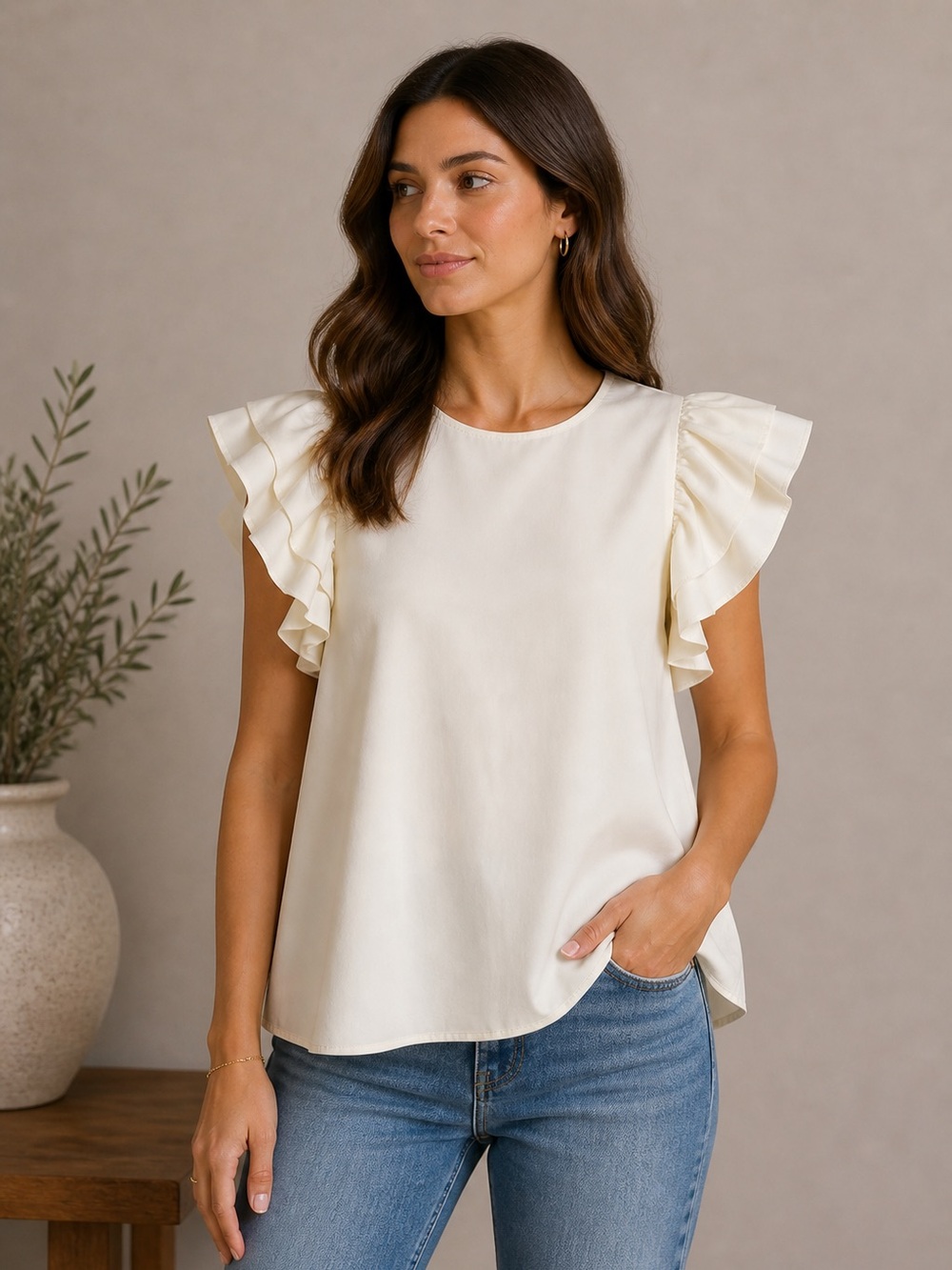 TCEC Cream Ruffle Sleeve Blouse